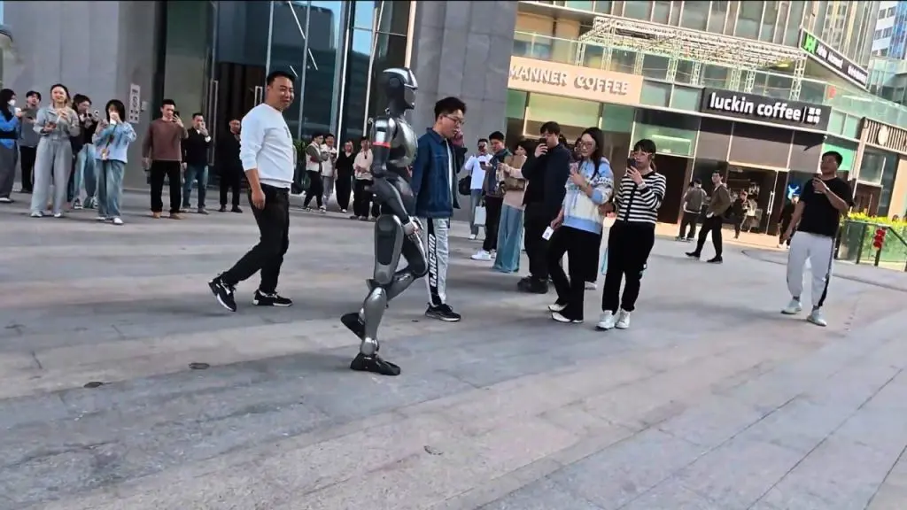 EngineAI SE01 humanoid robot walking in Shenzhen