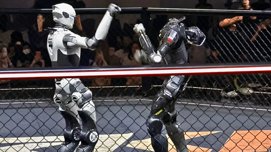 EngineAI T800 robot fights after losing its head during URKL opening night