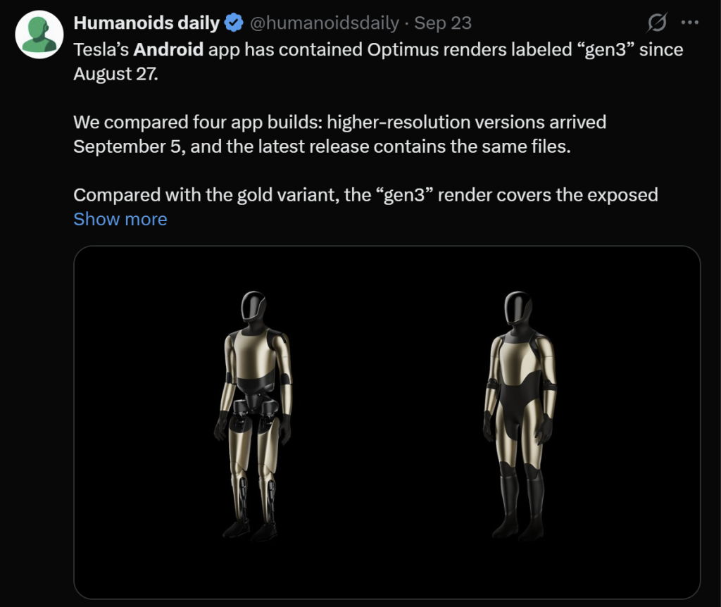 Humanoids Daily post about Tesla Optimus Gen 3 renders